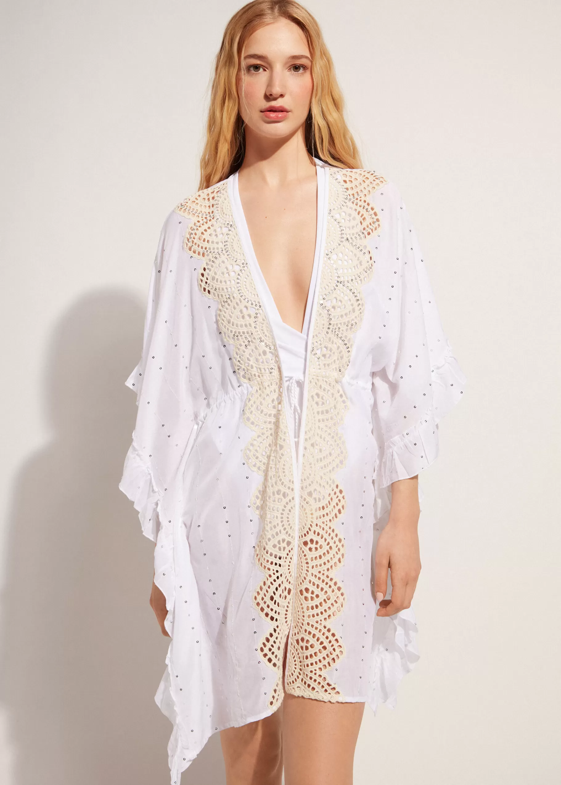 Discount Broderie Anglaise And Sequin Kimono Kaftan Women Beachwear