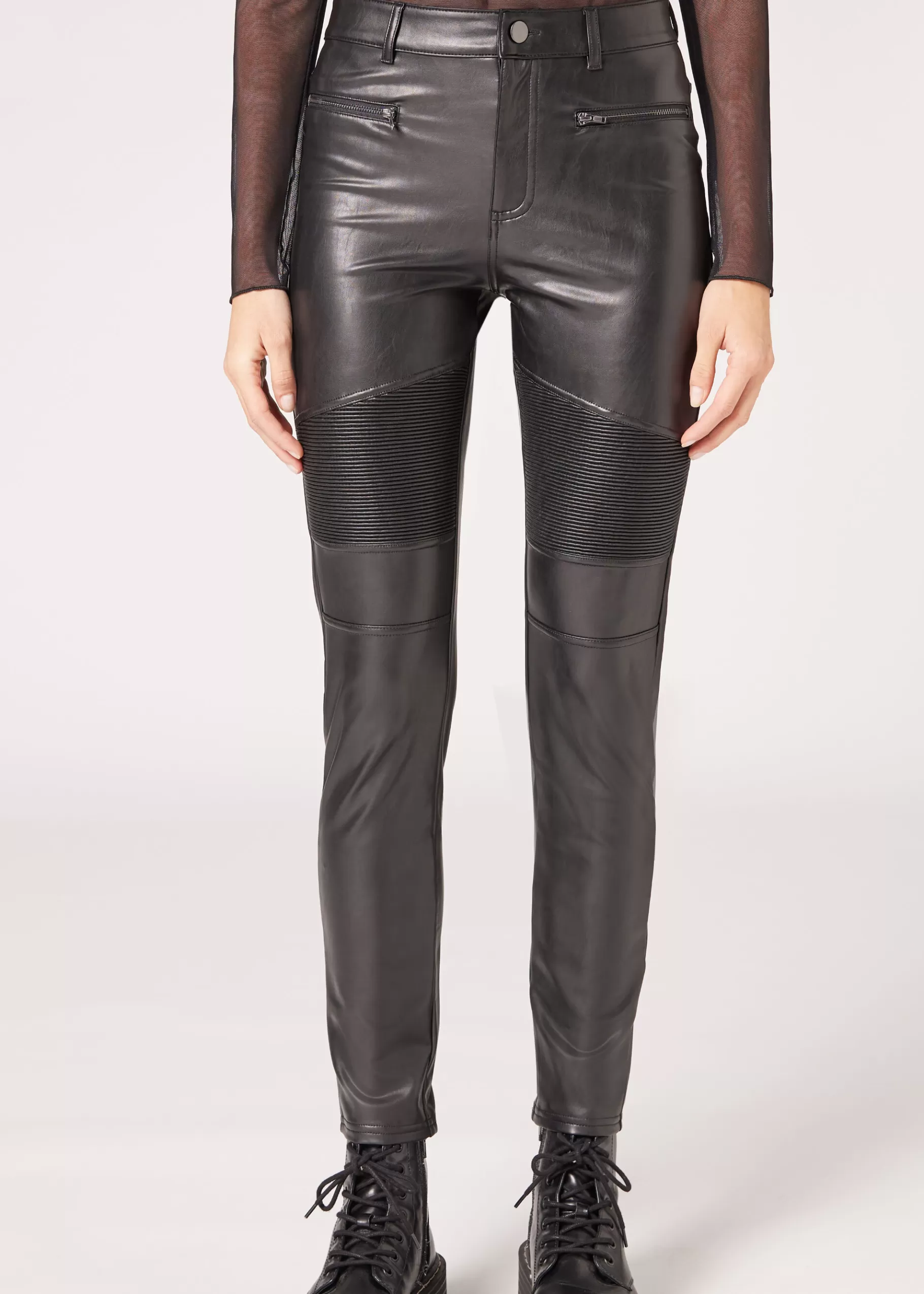 Sale Coated-Effect Thermal Skinny Biker Leggings Women Trousers