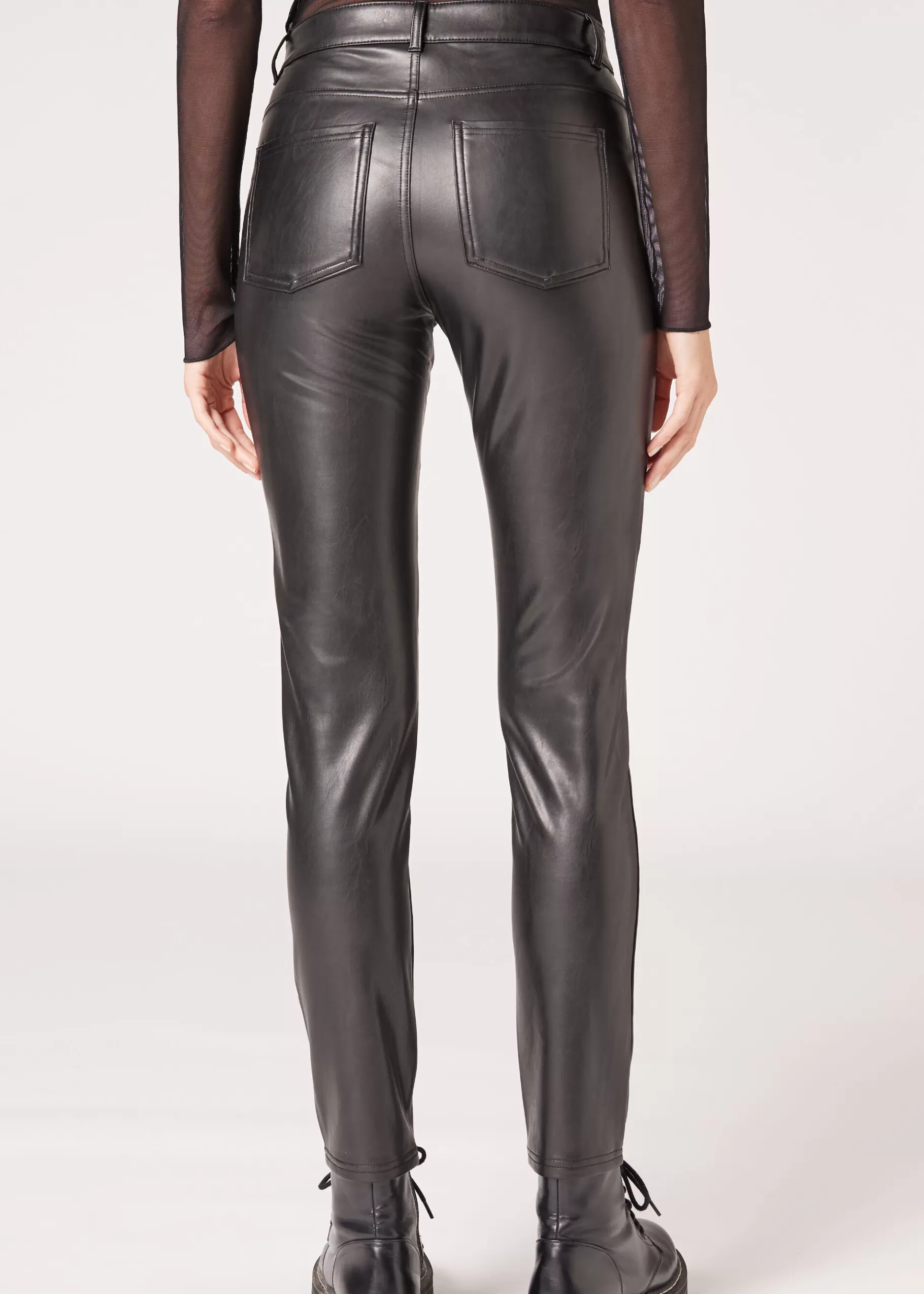 Sale Coated-Effect Thermal Skinny Biker Leggings Women Trousers