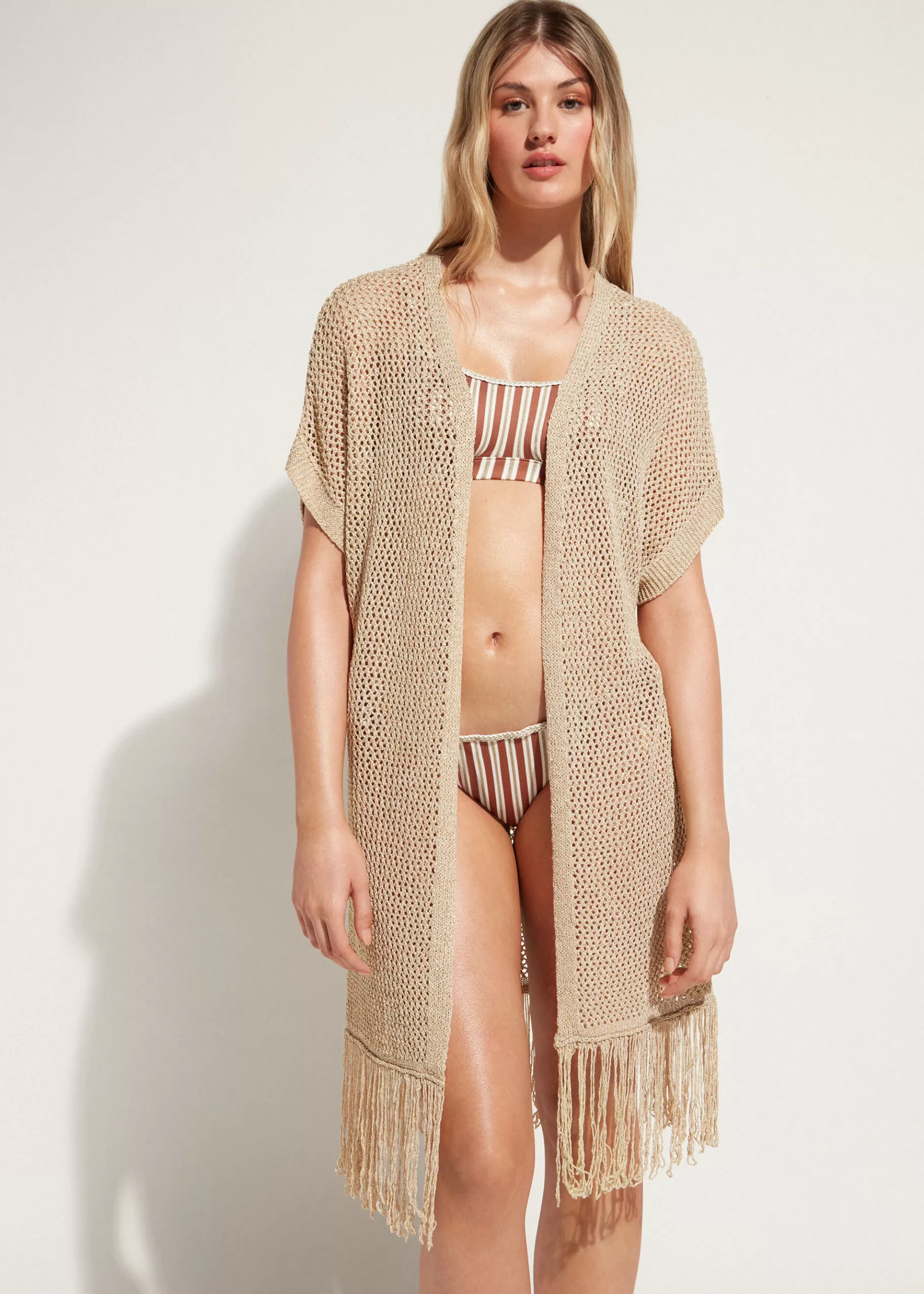 Shop Fringed Gold Mesh Gilet Women Beachwear