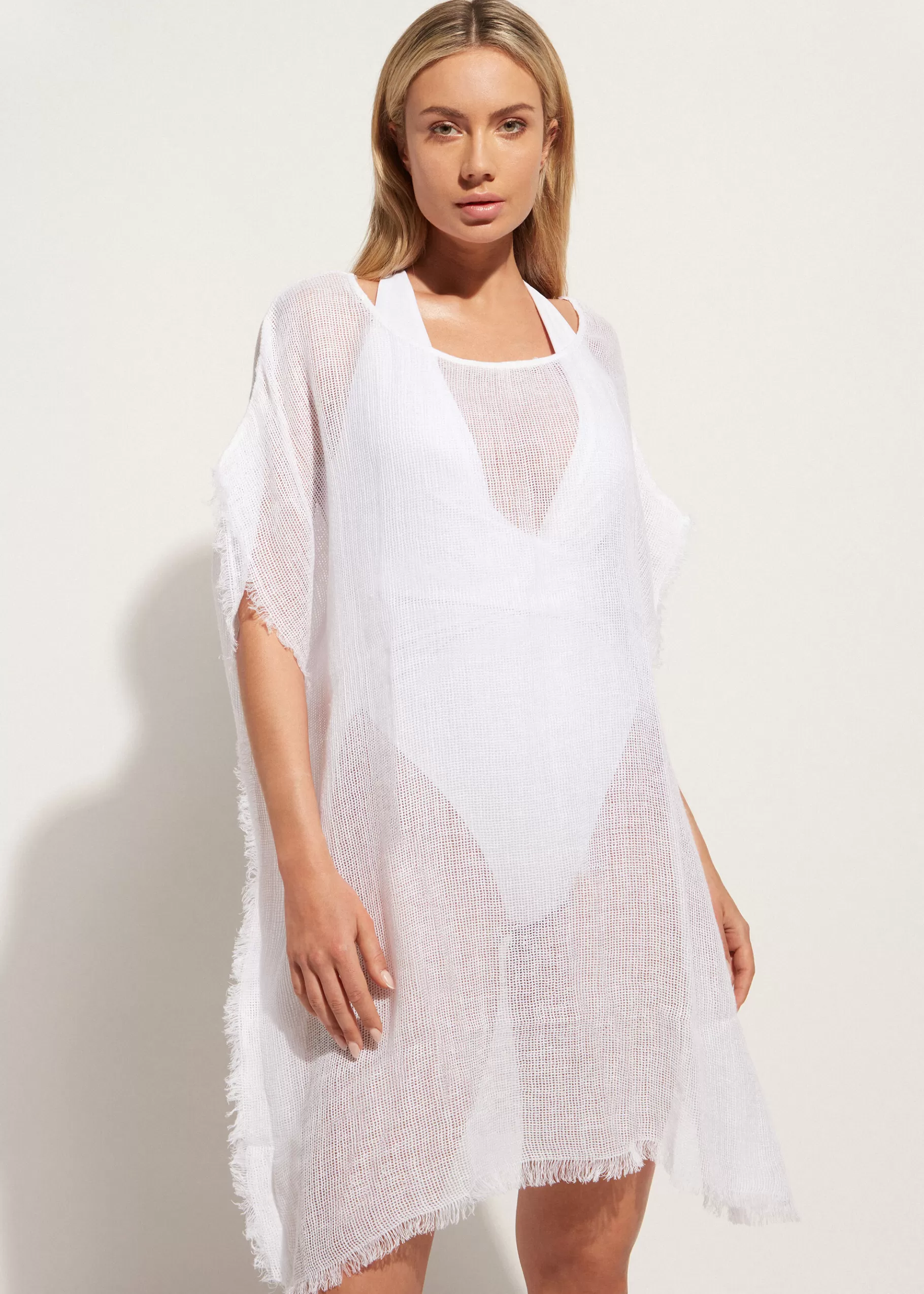 Online Fringed Linen Mesh Kaftan Women Beachwear
