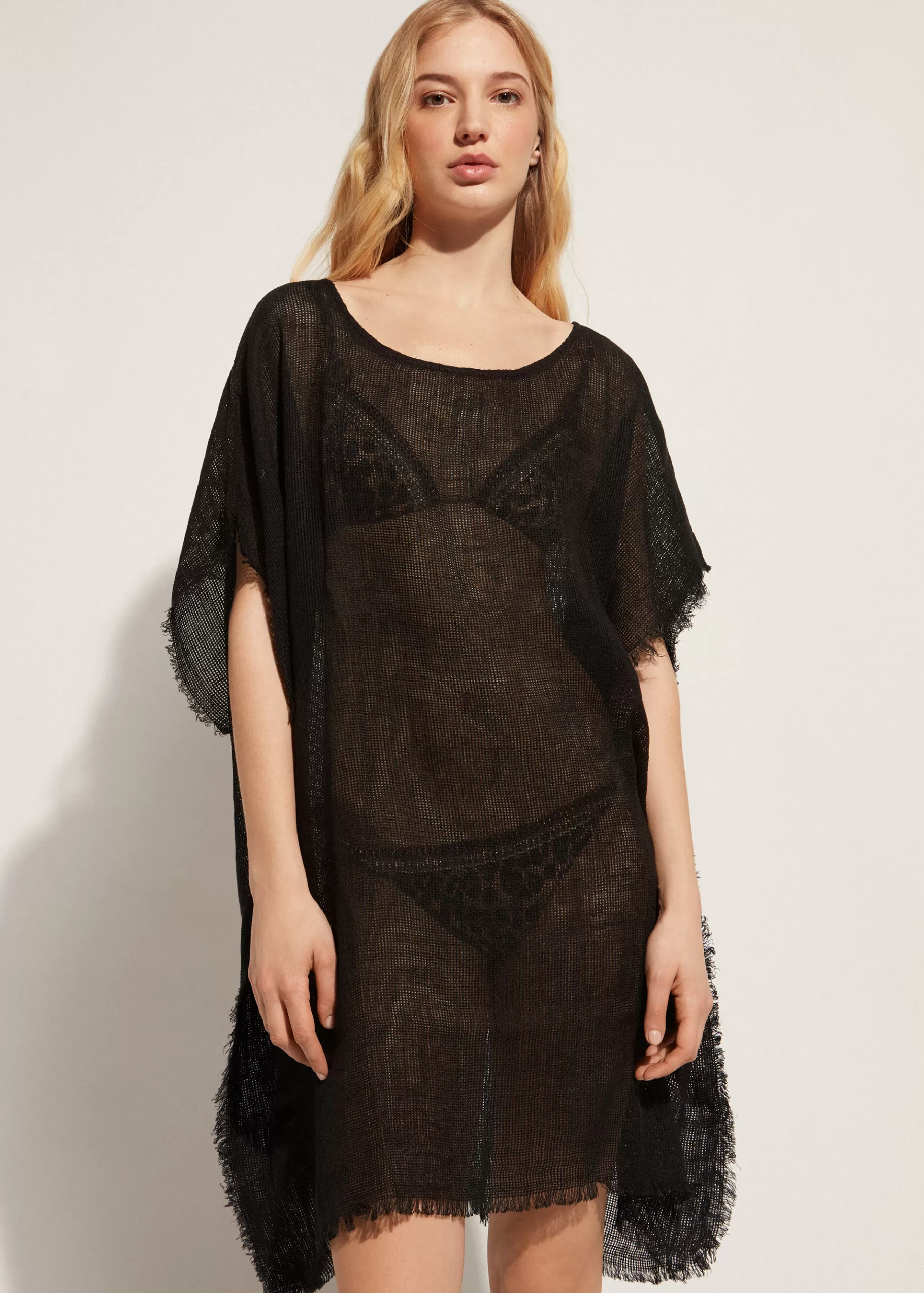 Outlet Fringed Linen Mesh Kaftan Women Beachwear