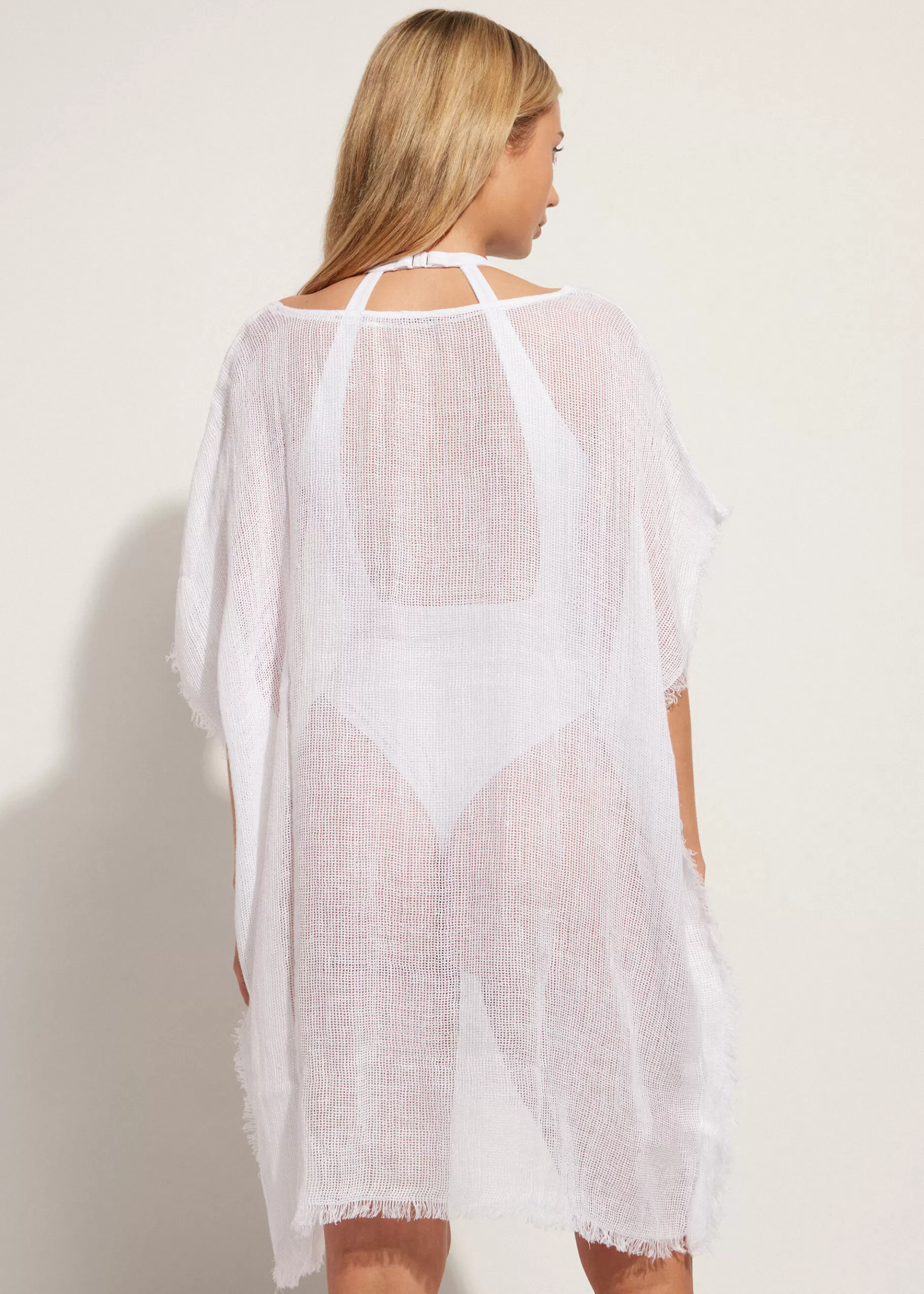 Online Fringed Linen Mesh Kaftan Women Beachwear
