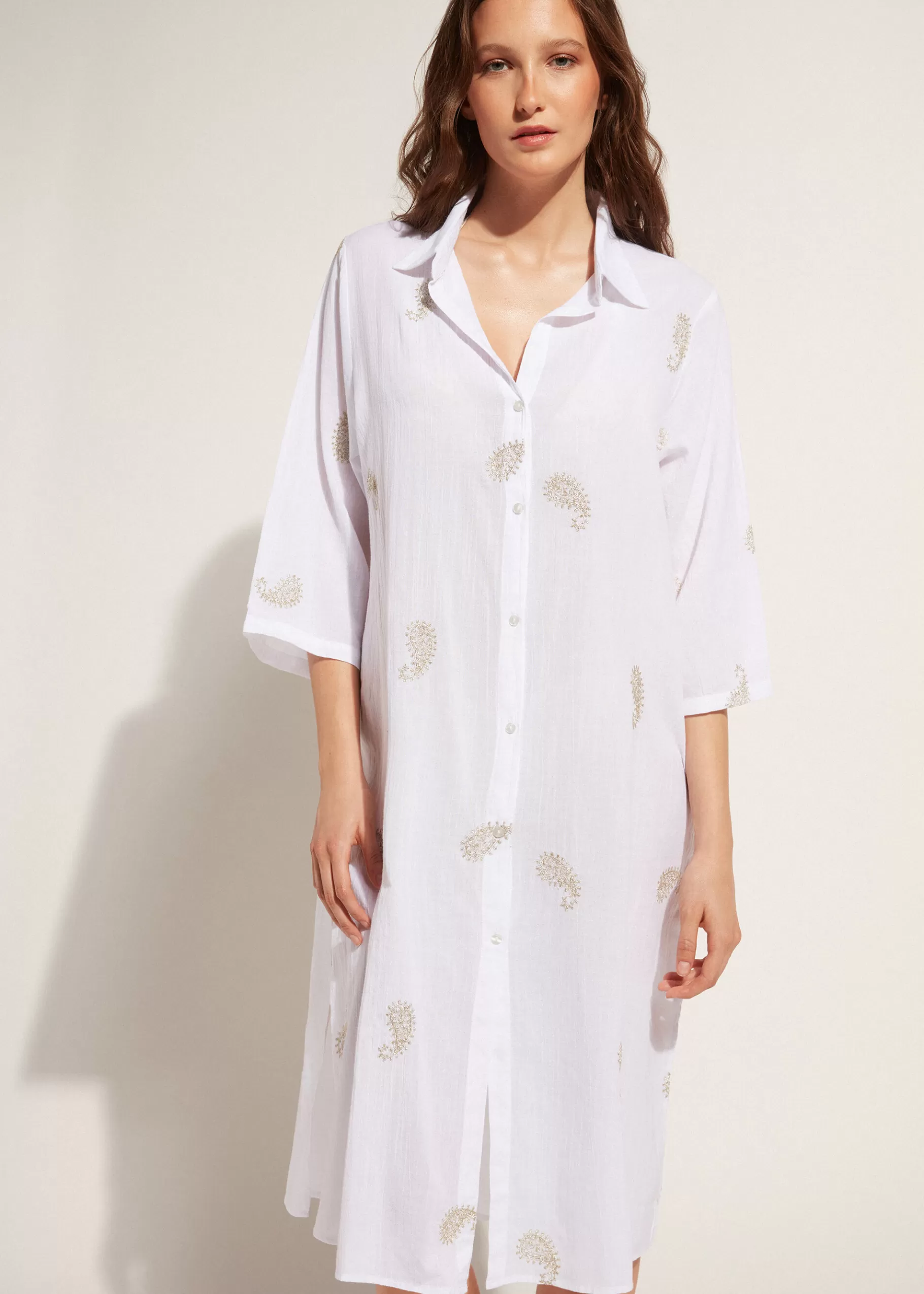 Cheap Lame Paisley Embroidery Midi Shirt Women Beachwear