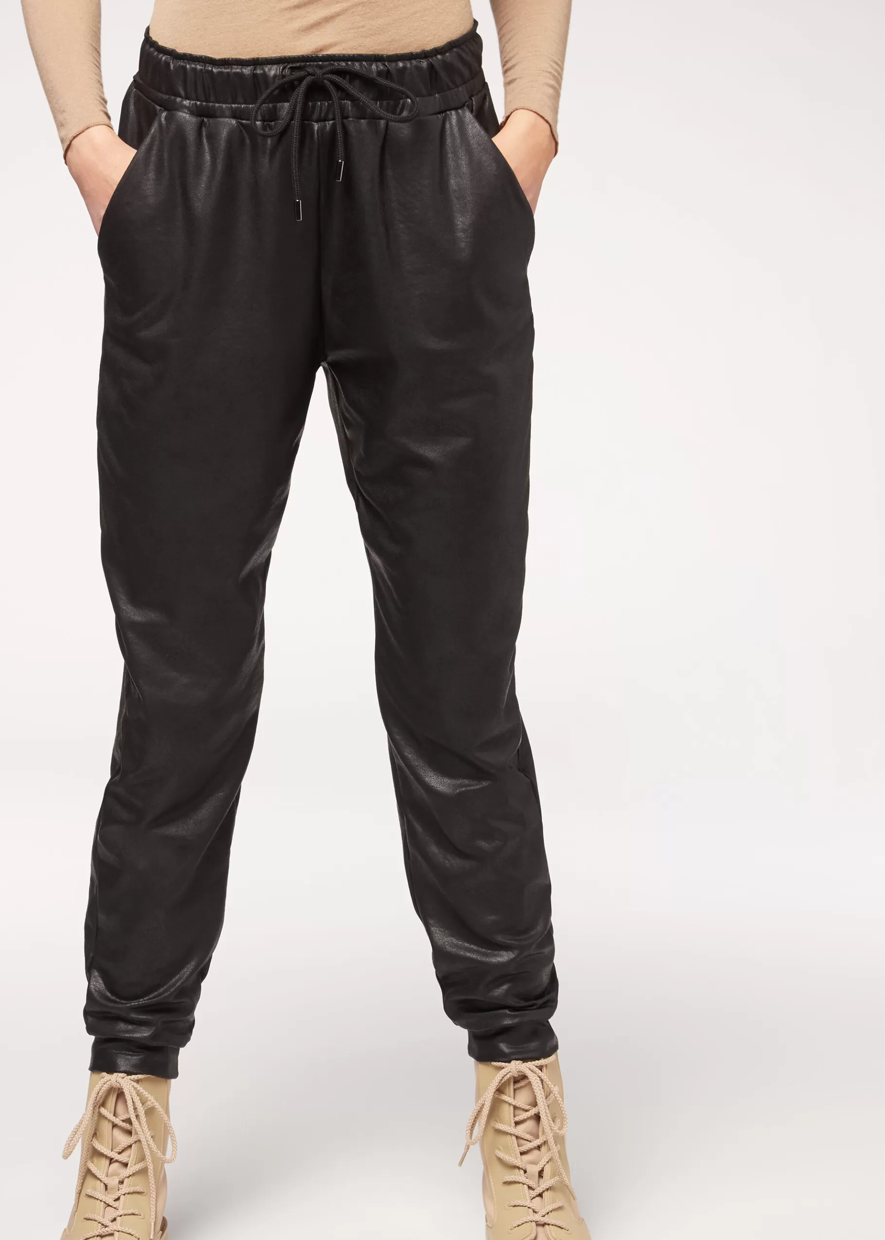 Cheap Leather Effect Thermal Joggers Women Trousers