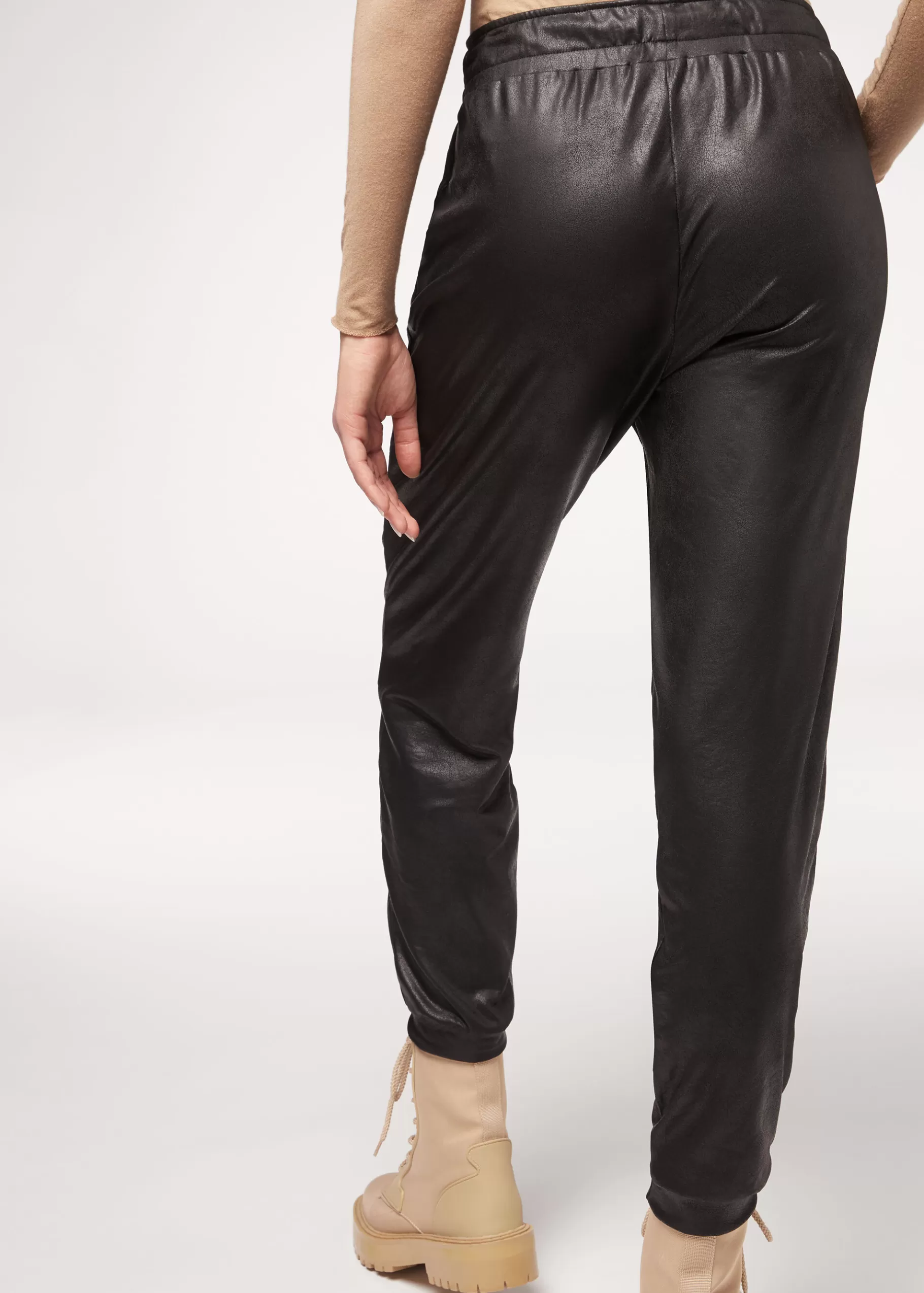 Cheap Leather Effect Thermal Joggers Women Trousers