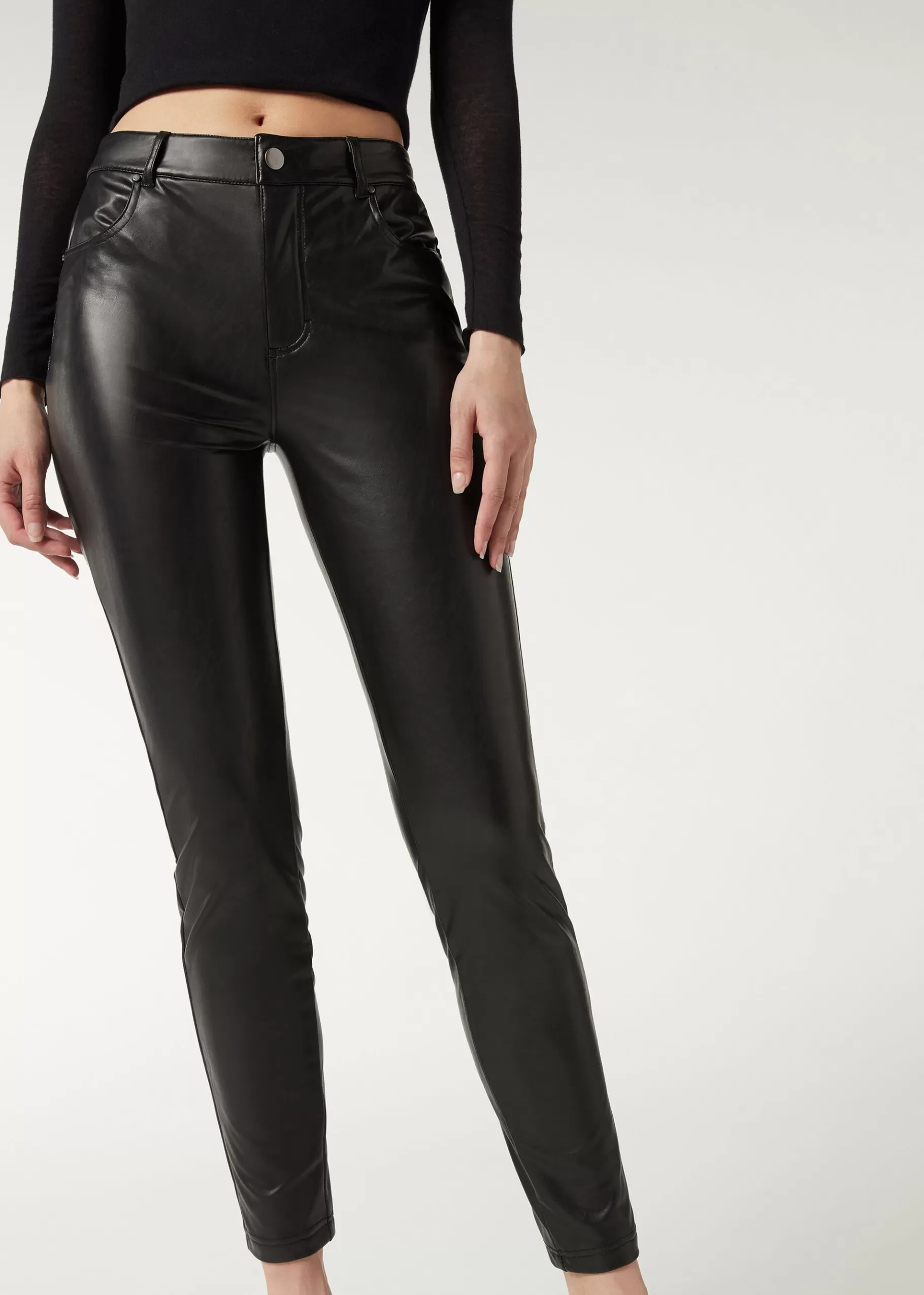 Cheap Thermal Leather-Look Leggings Women Trousers